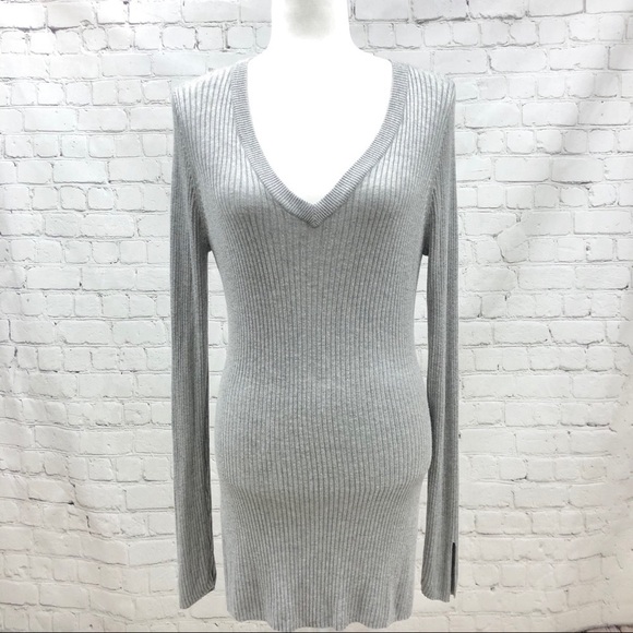 John and Jenn V Neck Ribbed Sweater Dress Size Medium Gray Bodycon - Picture 2 of 9